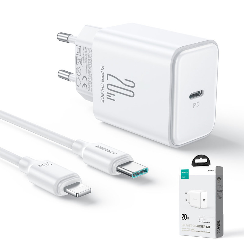 
USB-C 20W PD tinklo įkroviklis su laidu iPhone Lightning, baltas
