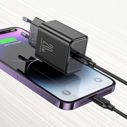 
USB-C 20W PD tinklo įkroviklis su laidu iPhone Lightning, juodas
