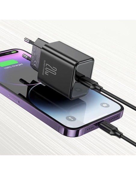 
USB-C 20W PD tinklo įkroviklis su laidu iPhone Lightning, juodas
