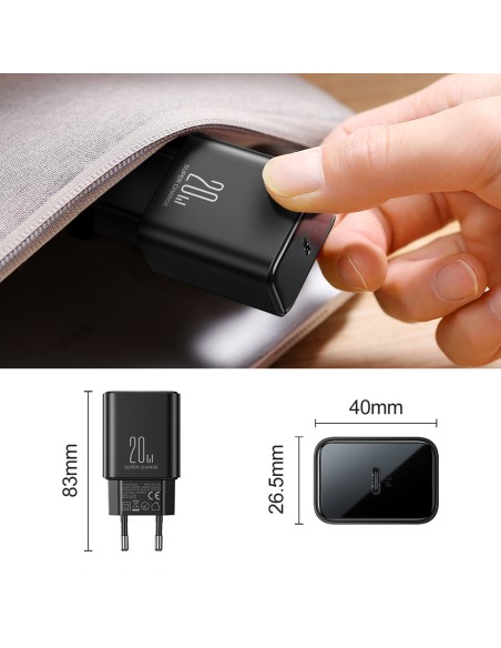 
USB-C 20W PD tinklo įkroviklis su laidu iPhone Lightning, juodas
