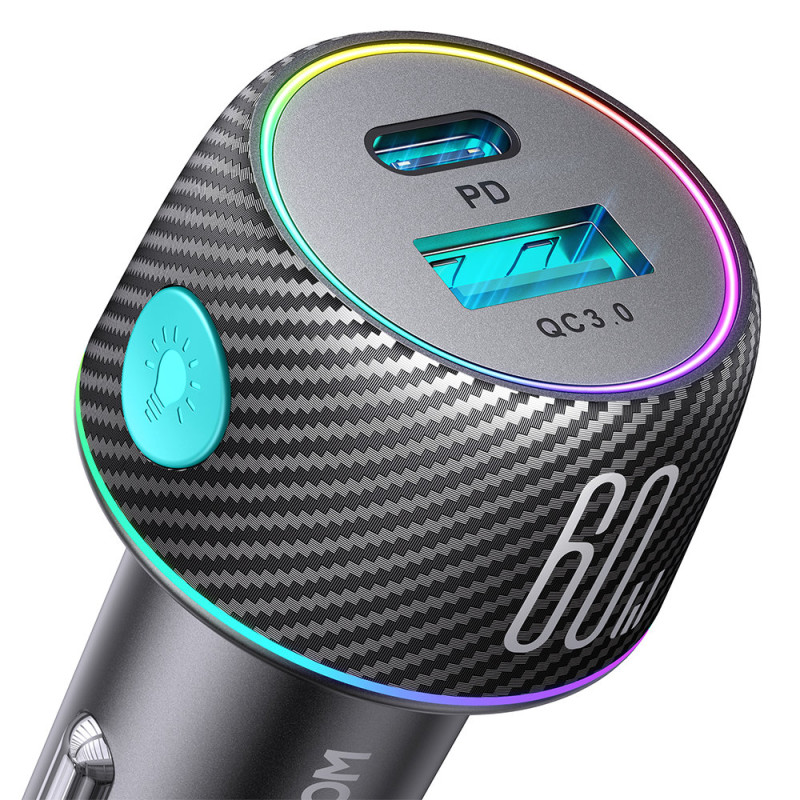 60 W PD USB-C USB-A automobilinis įkroviklis, juodas