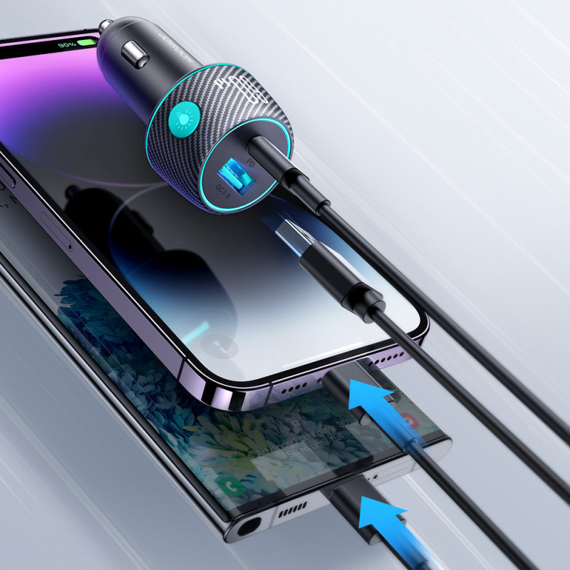 60 W PD USB-C USB-A automobilinis įkroviklis, juodas