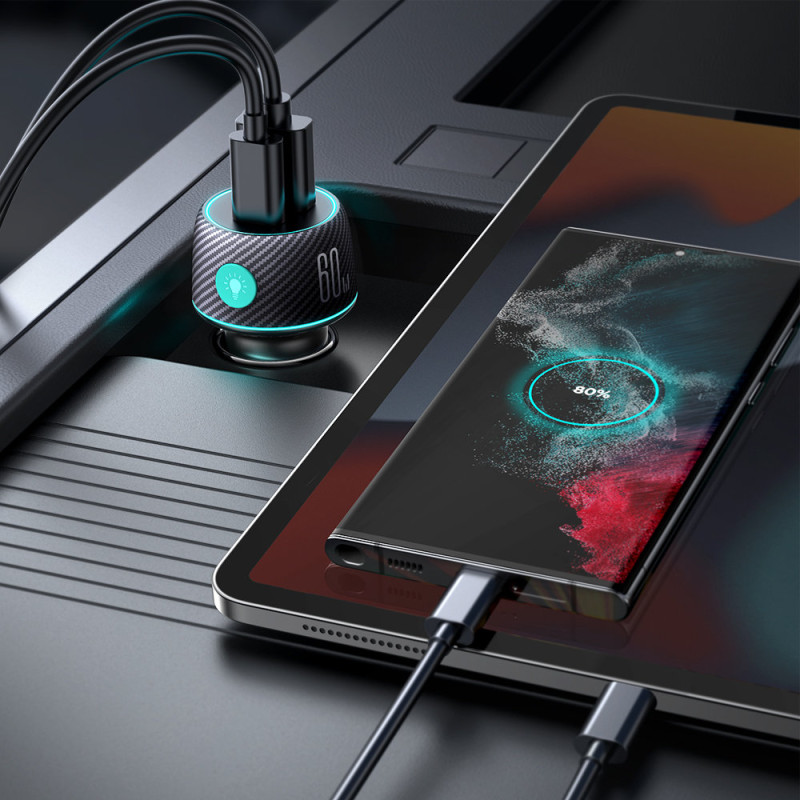 60 W PD USB-C USB-A automobilinis įkroviklis, juodas