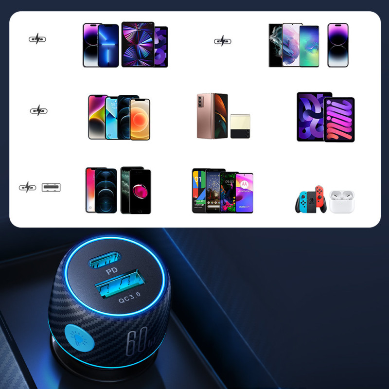 60 W PD USB-C USB-A automobilinis įkroviklis, juodas