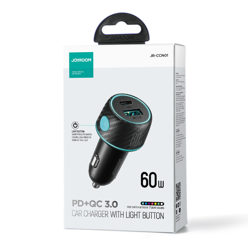 60 W PD USB-C USB-A automobilinis įkroviklis, juodas