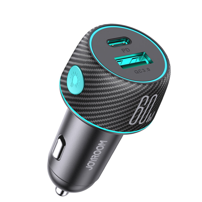 60 W PD USB-C USB-A automobilinis įkroviklis, juodas