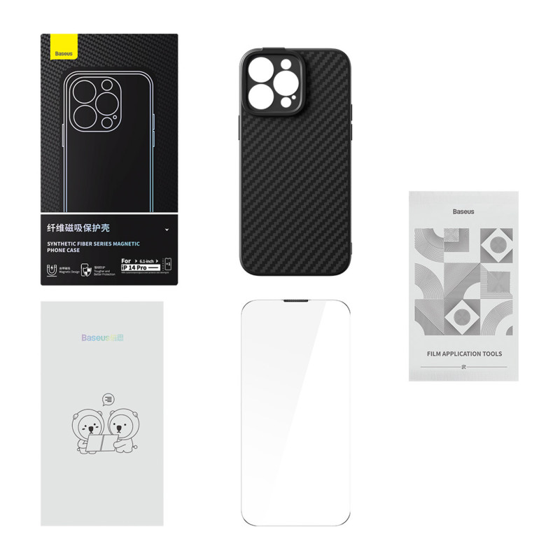 iPhone 14 Pro Max MagSafe šarvuotas dėklas + sintetinio pluošto grūdintas stiklas, juodas