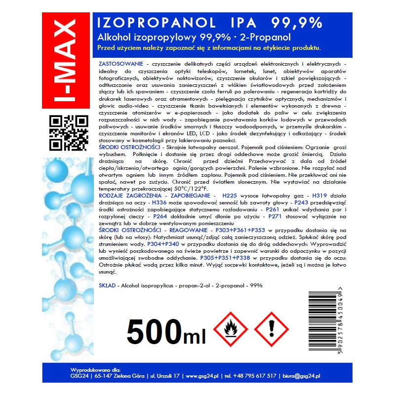 Izopropilo alkoholis Izopropanolis IPA I-MAX 99,9% Purškiklis 500ML