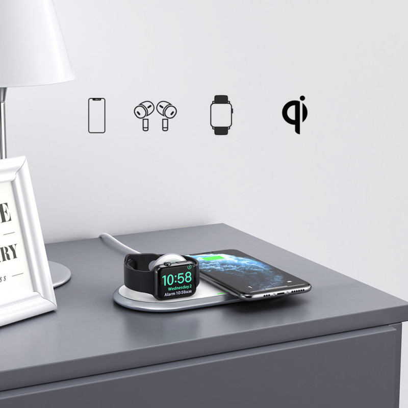 2in1 Qi belaidis įkroviklis Apple Watch išmaniajam telefonui su USB Type C stovu baltas