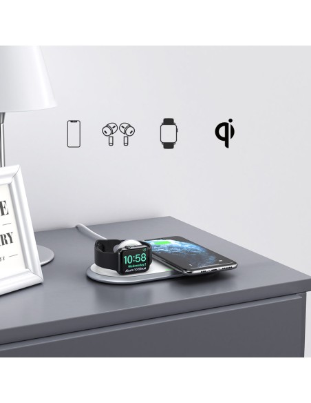2in1 Qi belaidis įkroviklis Apple Watch išmaniajam telefonui su USB Type C stovu baltas 2in1 Qi belaidis įkroviklis Apple Watch išmaniajam telefonui su USB Type C stovu baltas