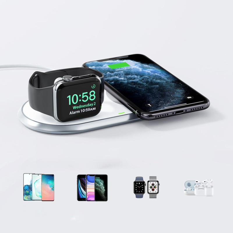2in1 Qi belaidis įkroviklis Apple Watch išmaniajam telefonui su USB Type C stovu baltas