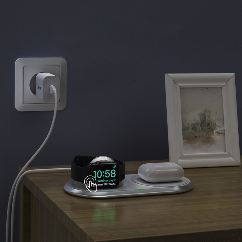 2in1 Qi belaidis įkroviklis Apple Watch išmaniajam telefonui su USB Type C stovu baltas