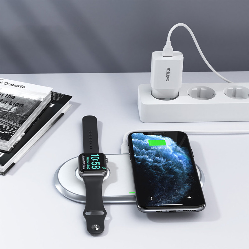 2in1 Qi belaidis įkroviklis Apple Watch išmaniajam telefonui su USB Type C stovu baltas