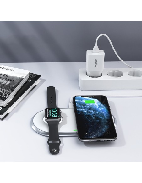 2in1 Qi belaidis įkroviklis Apple Watch išmaniajam telefonui su USB Type C stovu baltas 2in1 Qi belaidis įkroviklis Apple Watch išmaniajam telefonui su USB Type C stovu baltas