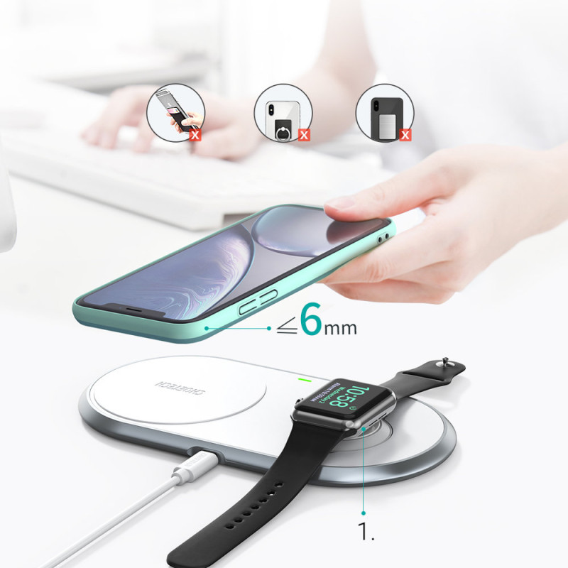 2in1 Qi belaidis įkroviklis Apple Watch išmaniajam telefonui su USB Type C stovu baltas