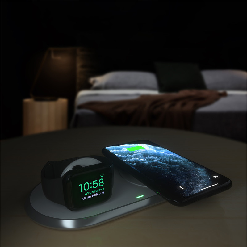 2in1 Qi belaidis įkroviklis Apple Watch išmaniajam telefonui su USB Type C stovu baltas