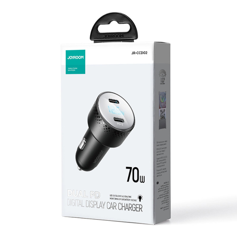 
Automobilinis pakrovėjas su LED ekranu 2x USB-C 70W, juodas
