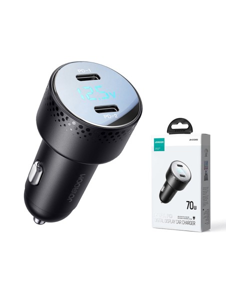 
Automobilinis pakrovėjas su LED ekranu 2x USB-C 70W, juodas
