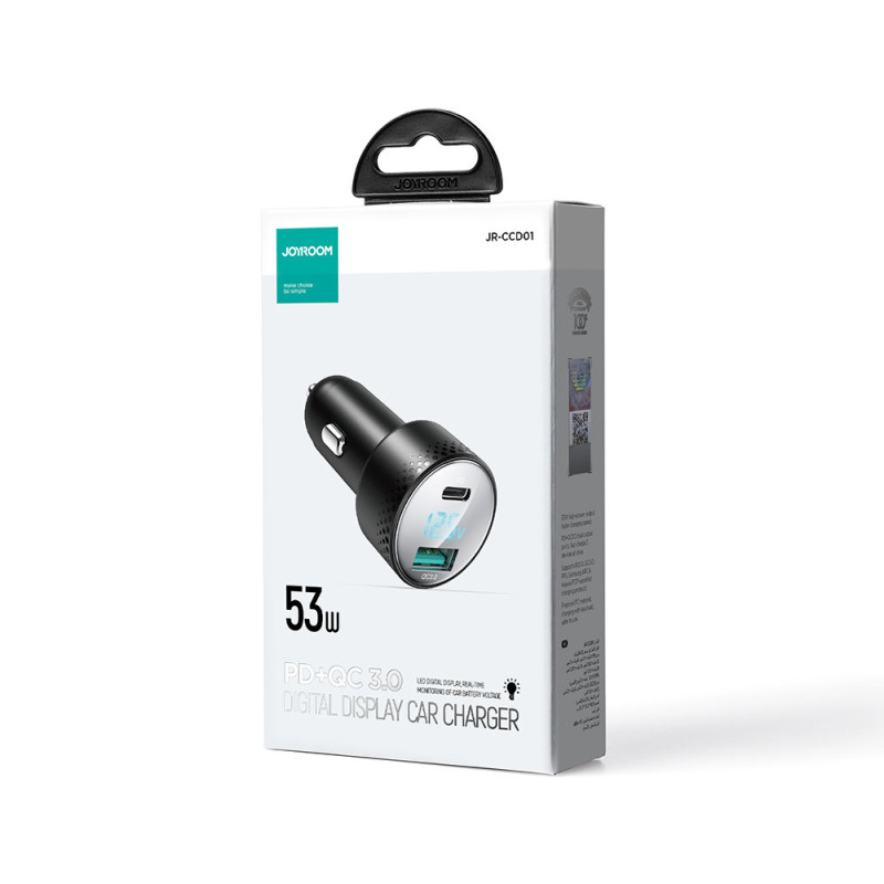 Automobilinis įkroviklis su LED voltmetru 53W USB-C USB juodas