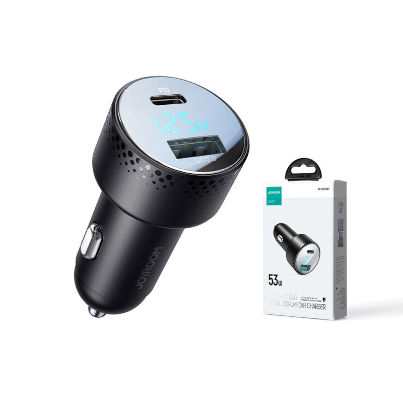 Automobilinis įkroviklis su LED voltmetru 53W USB-C USB juodas