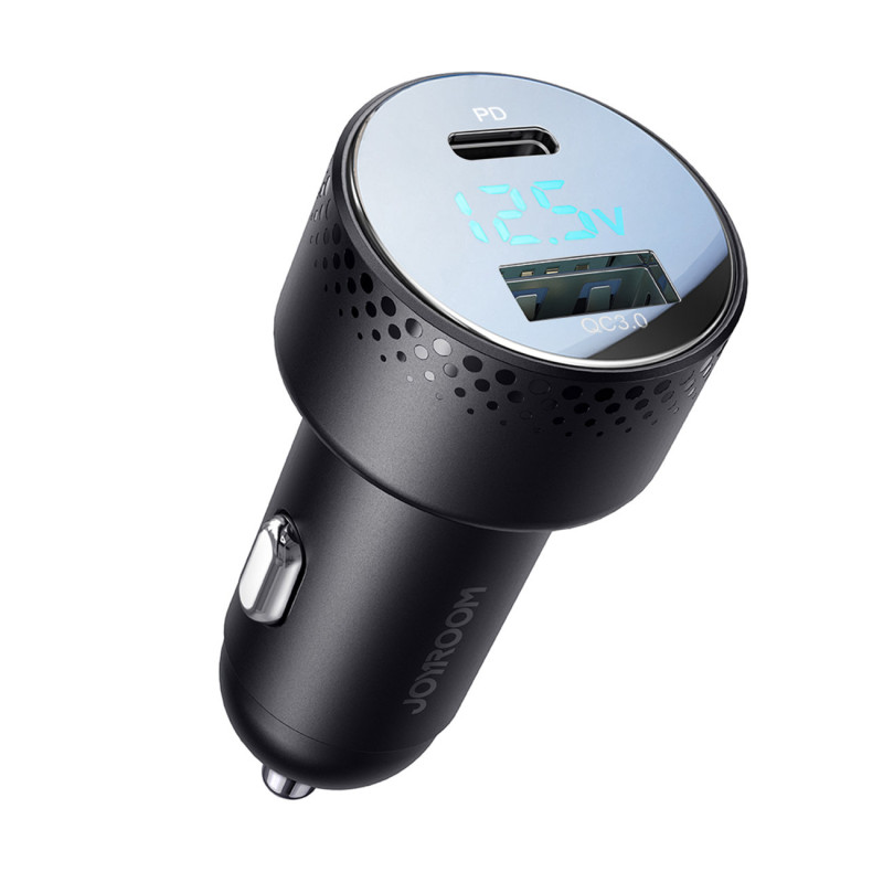 Automobilinis įkroviklis su LED voltmetru 53W USB-C USB juodas