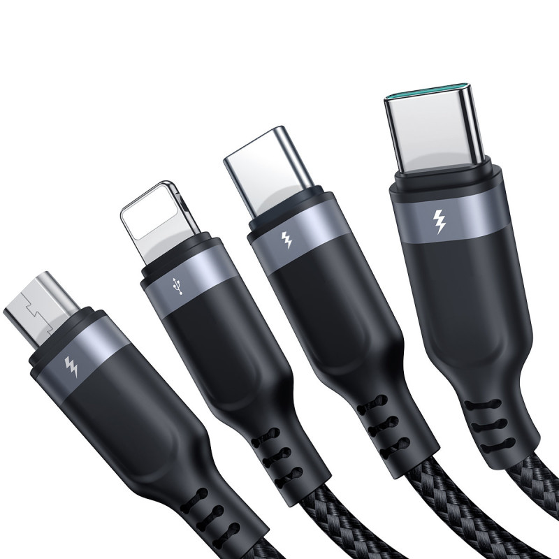 4in1 kabelis USB-A – 2x USB-C iPhone Lightning microUSB 1,2 m juodas