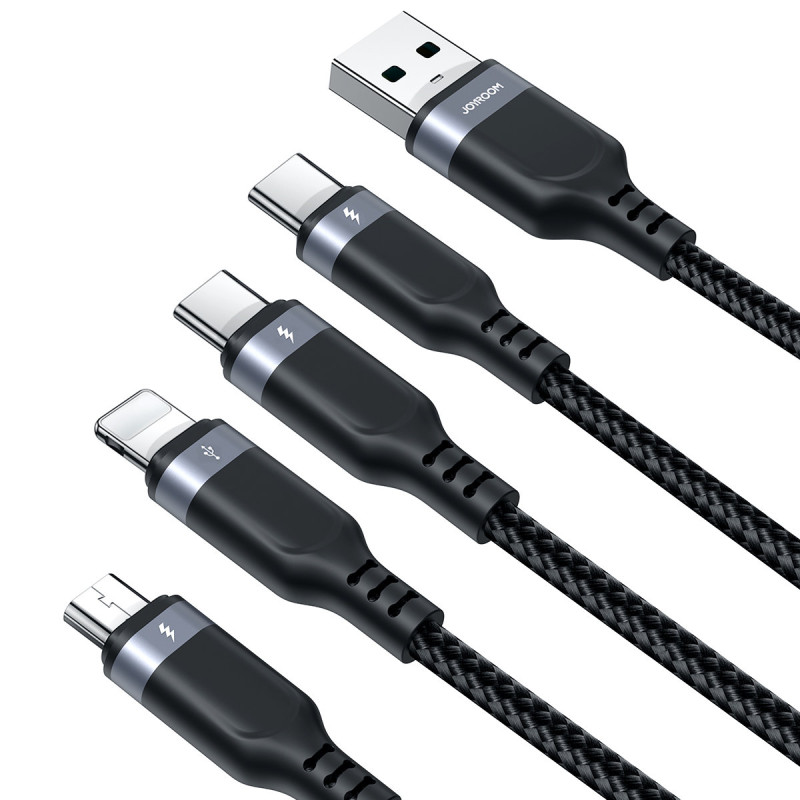 4in1 kabelis USB-A – 2x USB-C iPhone Lightning microUSB 1,2 m juodas