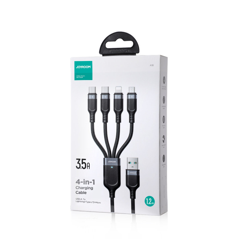 4in1 kabelis USB-A – 2x USB-C iPhone Lightning microUSB 1,2 m juodas