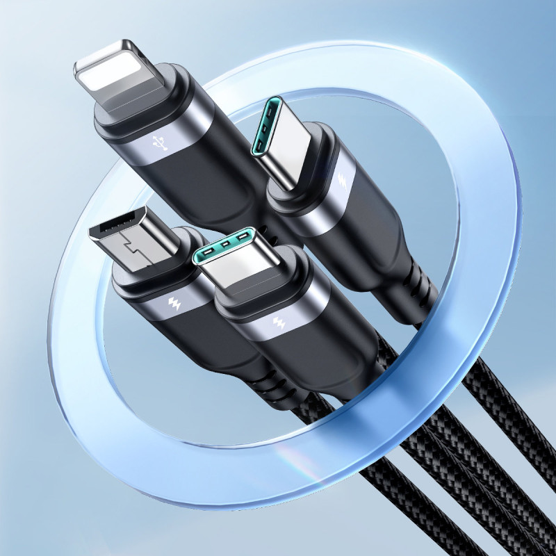 4in1 kabelis USB-A – 2x USB-C iPhone Lightning microUSB 1,2 m juodas
