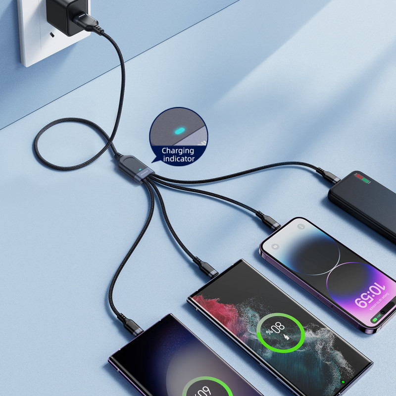 4in1 kabelis USB-A – 2x USB-C iPhone Lightning microUSB 1,2 m juodas