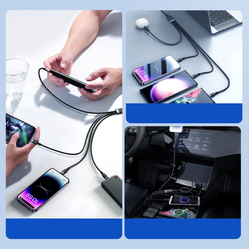 4in1 kabelis USB-A – 2x USB-C iPhone Lightning microUSB 1,2 m juodas