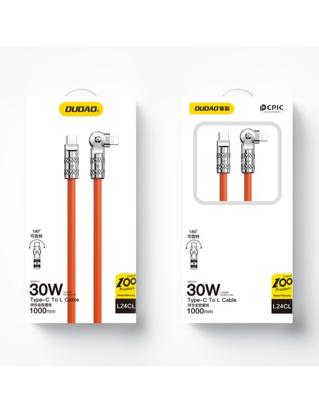 
Stiprus kampinis kabelis, skirtas iPhone USB-C - Lightning 30W 1m 180 rotation oranžinė
