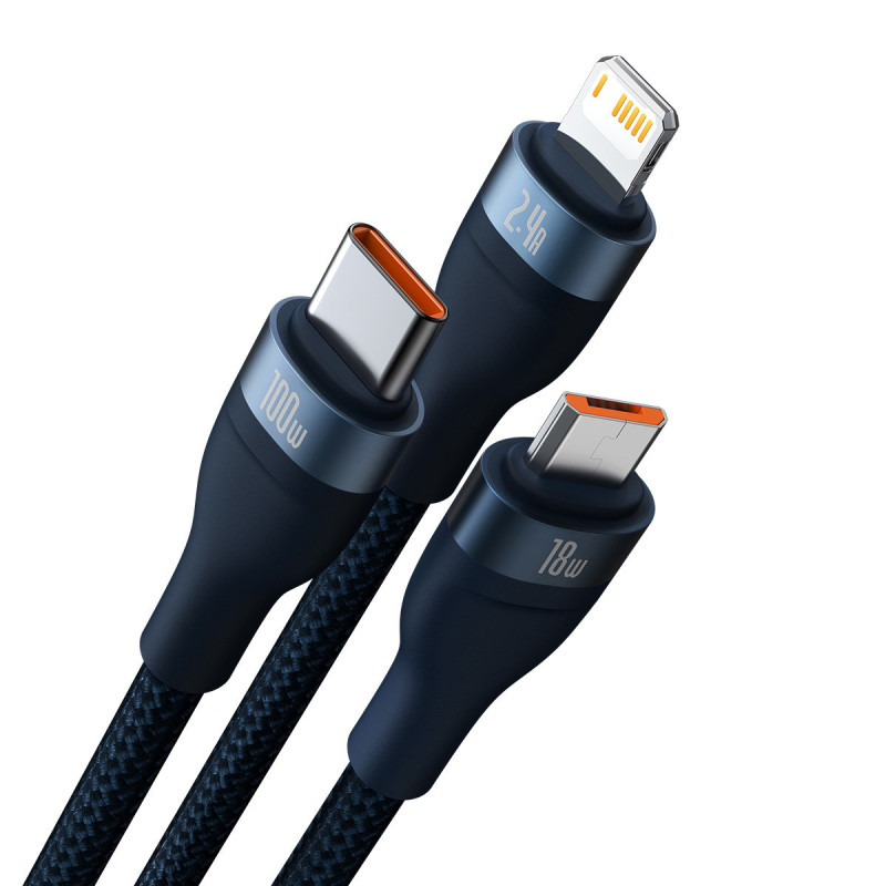Flash Series II USB laidas USB-C iPhone Lightning microUSB 100W 1,2m mėlynas