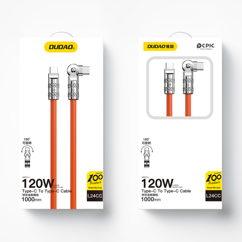 Stiprus kampinis USB-C – USB-C laidas 120 W 1 m 180 sukimosi oranžinė