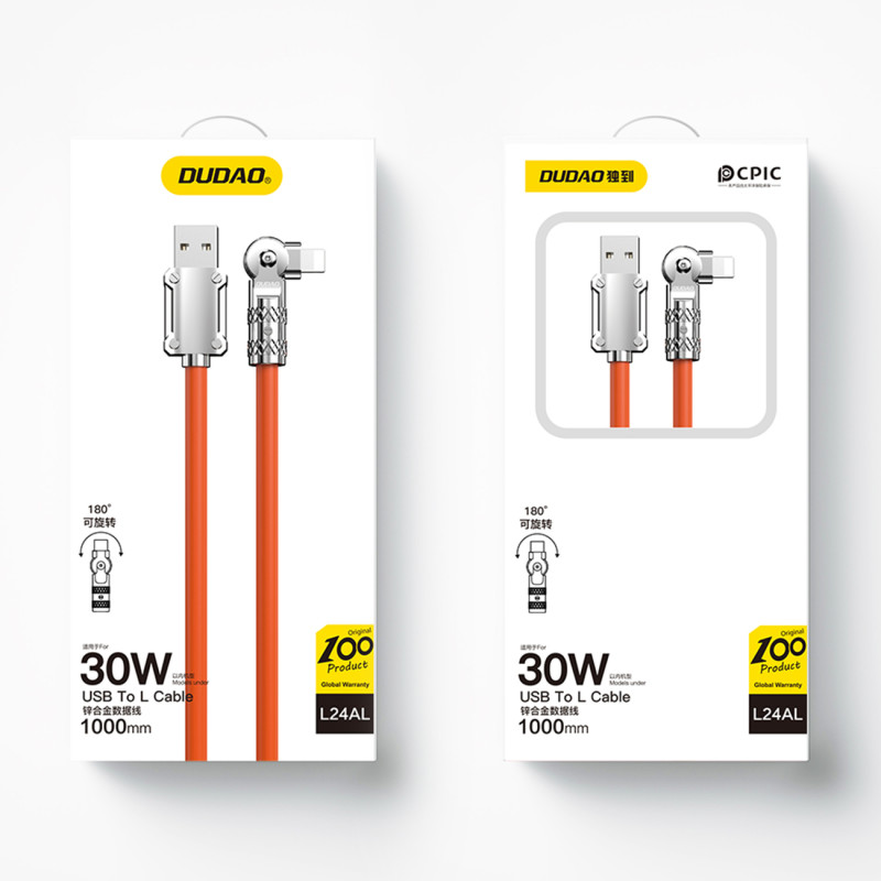 Stiprus kampinis kabelis iPhone USB-A - Lightning 30W 1m 180 rotation oranžinis