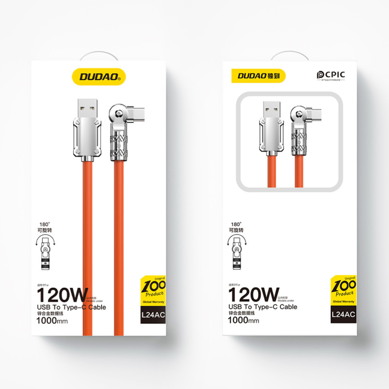 Stiprus kampinis USB-A – USB-C laidas 120W 1m 180 pasukimas oranžinis