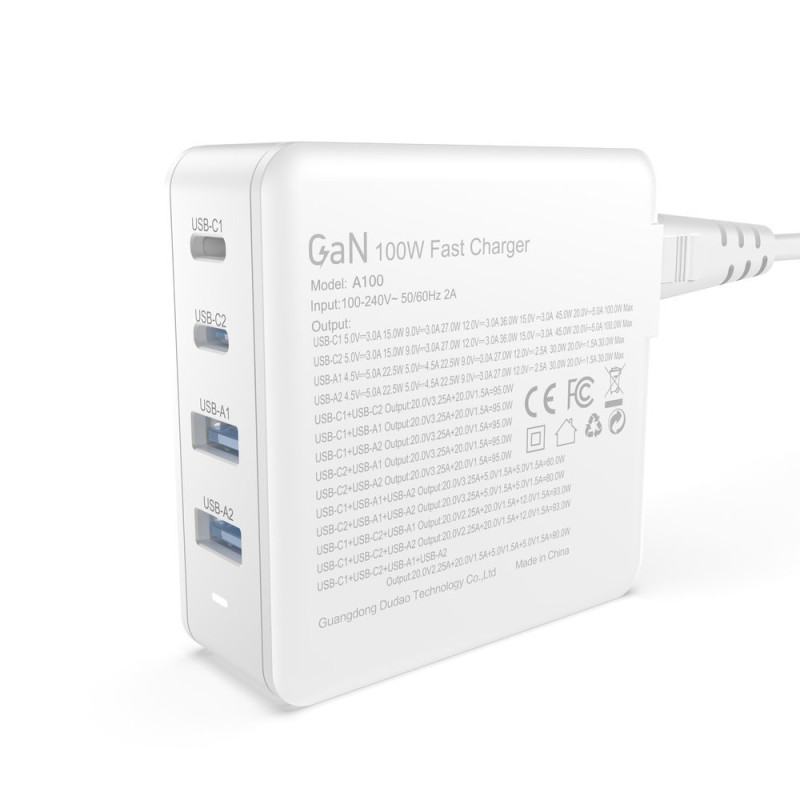 Greitas ir galingas GaN tinklo įkroviklis 2x USB-C 2x USB 100W baltas