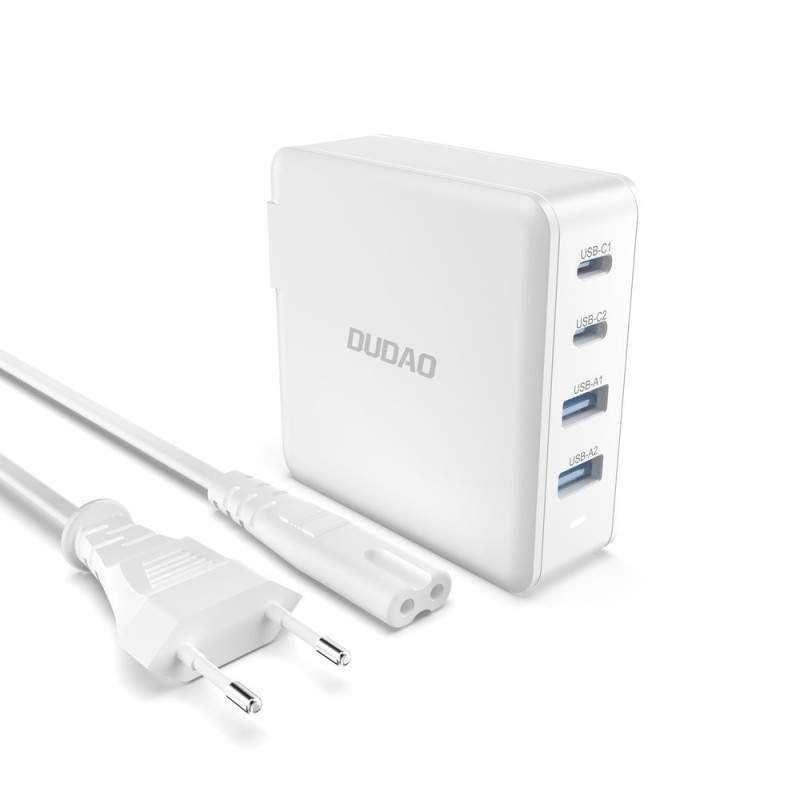 Greitas ir galingas GaN tinklo įkroviklis 2x USB-C 2x USB 100W baltas