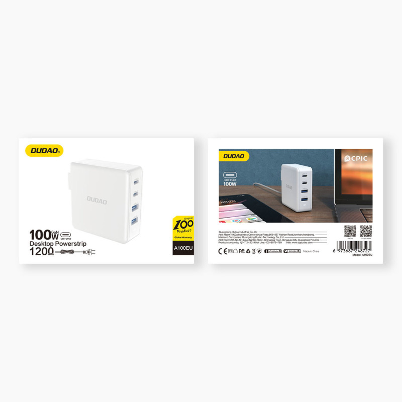 Greitas ir galingas GaN tinklo įkroviklis 2x USB-C 2x USB 100W baltas