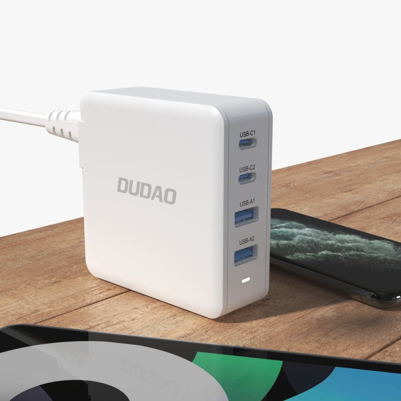 Greitas ir galingas GaN tinklo įkroviklis 2x USB-C 2x USB 100W baltas