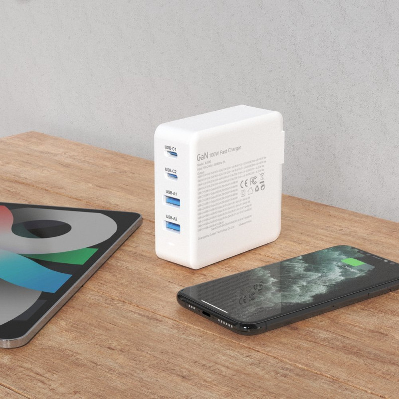 Greitas ir galingas GaN tinklo įkroviklis 2x USB-C 2x USB 100W baltas