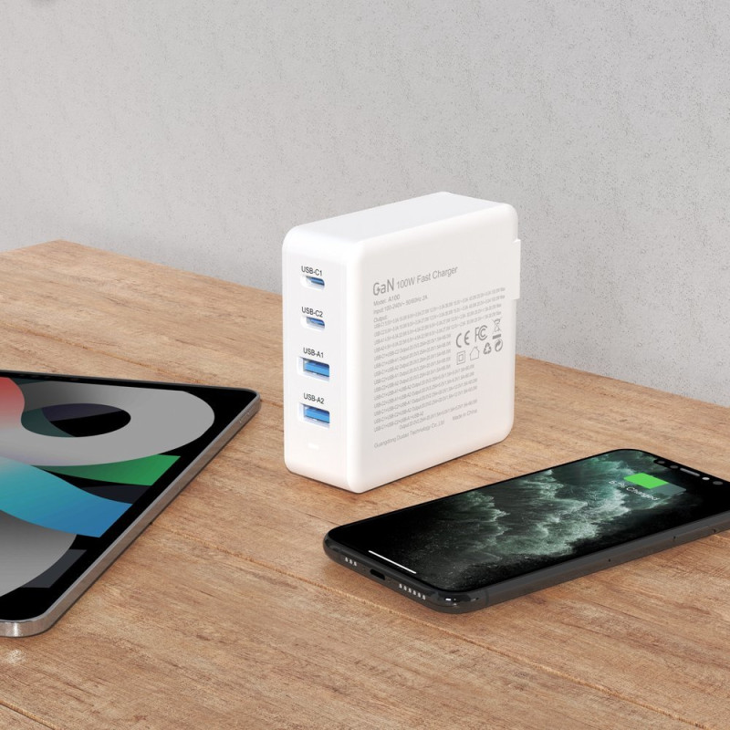 Greitas ir galingas GaN tinklo įkroviklis 2x USB-C 2x USB 100W baltas