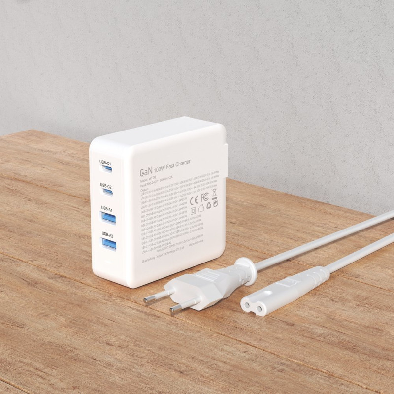 Greitas ir galingas GaN tinklo įkroviklis 2x USB-C 2x USB 100W baltas