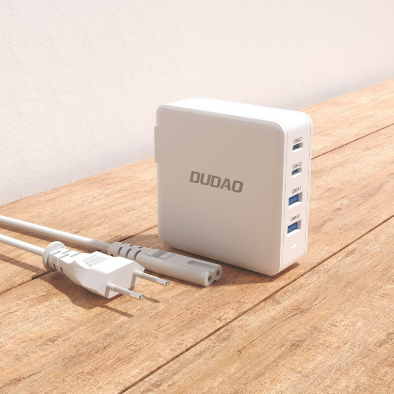 Greitas ir galingas GaN tinklo įkroviklis 2x USB-C 2x USB 100W baltas