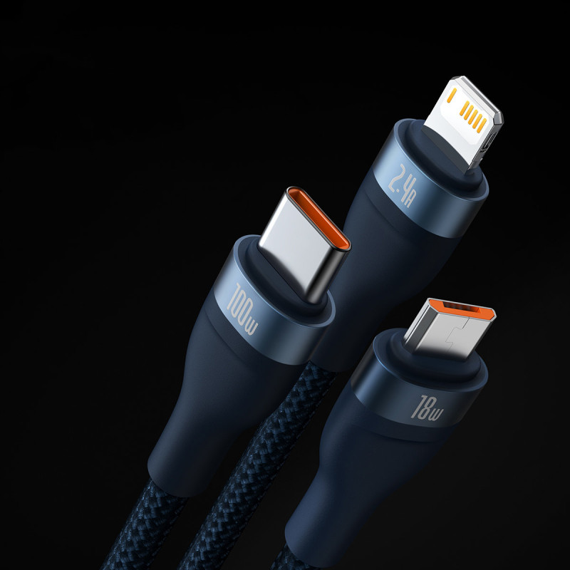 Flash Series II USB laidas USB-C iPhone Lightning microUSB 100W 1,2m mėlynas