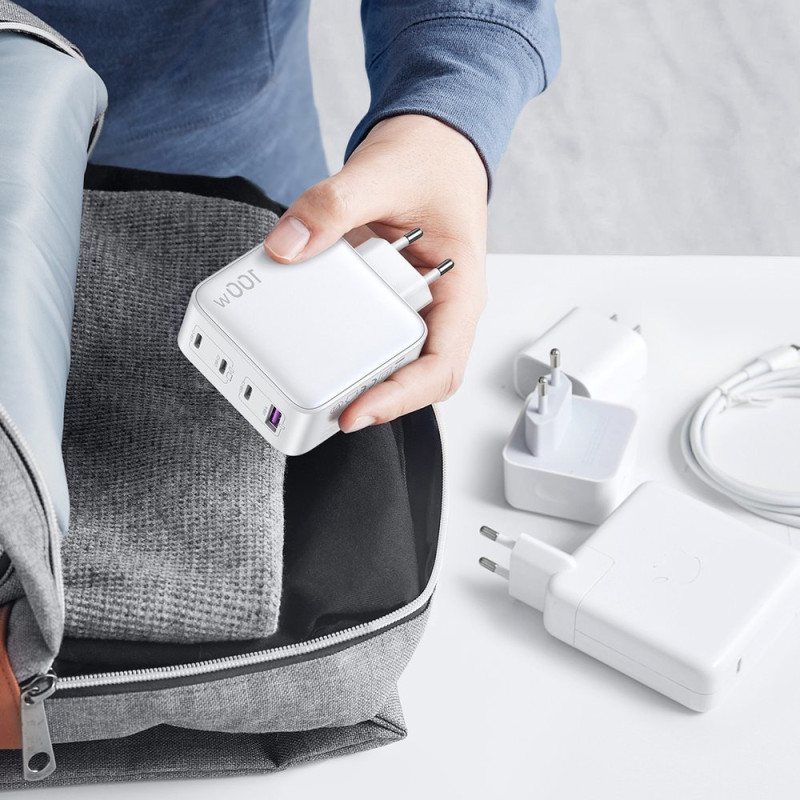 GaN greitas įkroviklis 3x USB-C USB 100W PPS PD Maitinimo tiekimas baltas