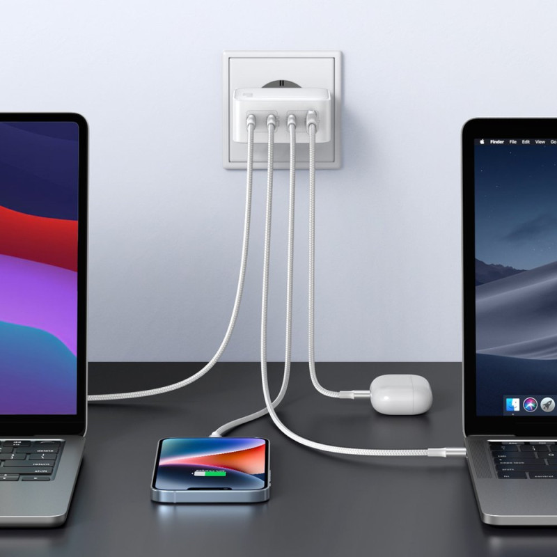 GaN greitas įkroviklis 3x USB-C USB 100W PPS PD Maitinimo tiekimas baltas