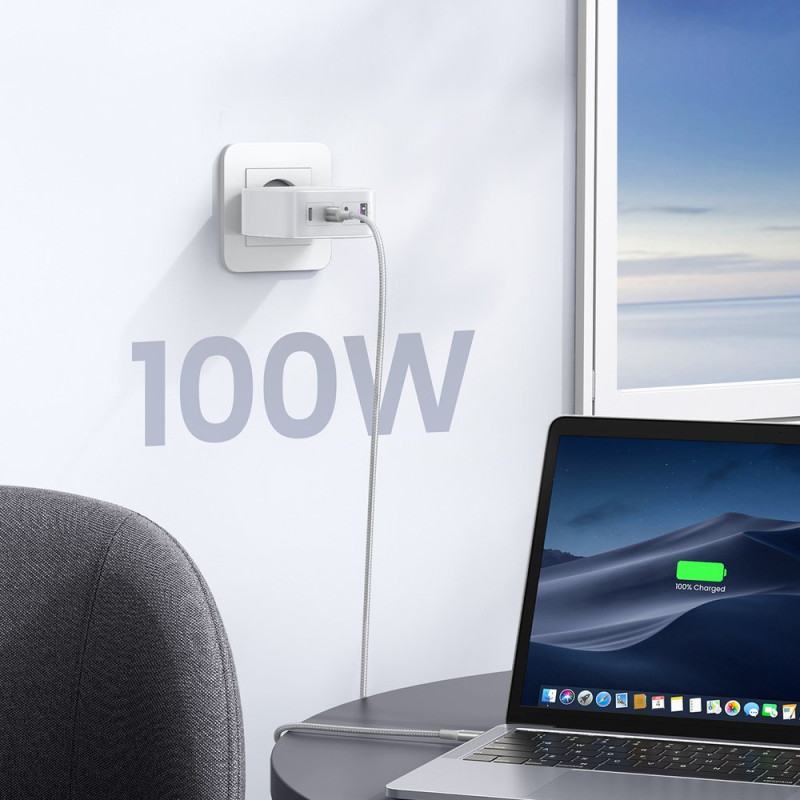 GaN greitas įkroviklis 3x USB-C USB 100W PPS PD Maitinimo tiekimas baltas