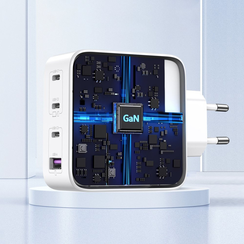 GaN greitas įkroviklis 3x USB-C USB 100W PPS PD Maitinimo tiekimas baltas