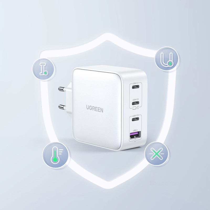 GaN greitas įkroviklis 3x USB-C USB 100W PPS PD Maitinimo tiekimas baltas